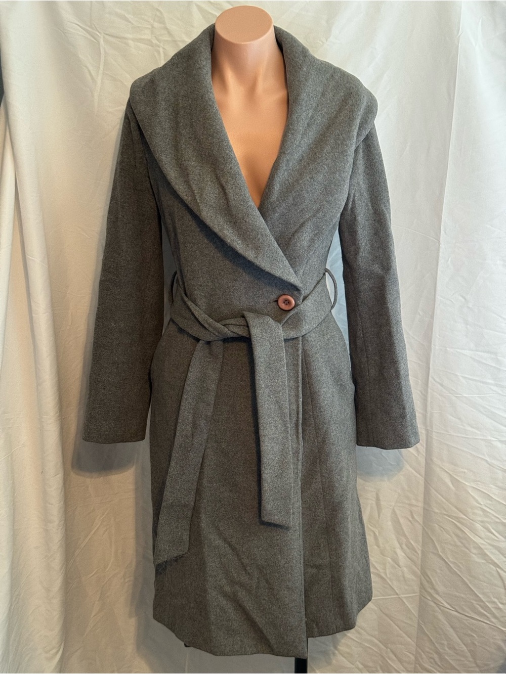 Gray Shawl Collar Belted Long 70% Wool Coat